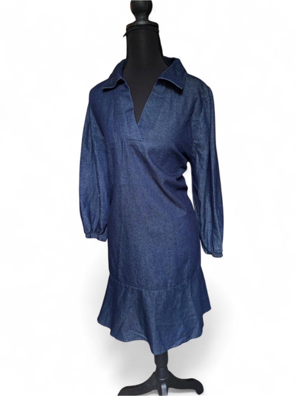 Dark Indigo Denim Collared V-Neck Midi Dress